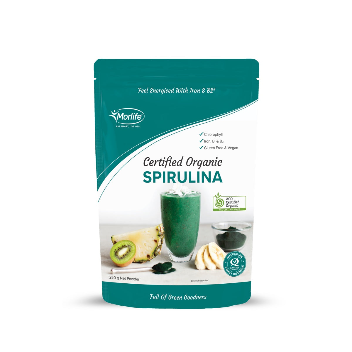 Morlife Spirulina Powder Certified Organic front pack on white background