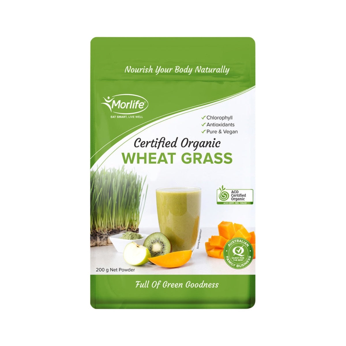 Morlife Wheat Grass Certified Organic 200g front pack on white background