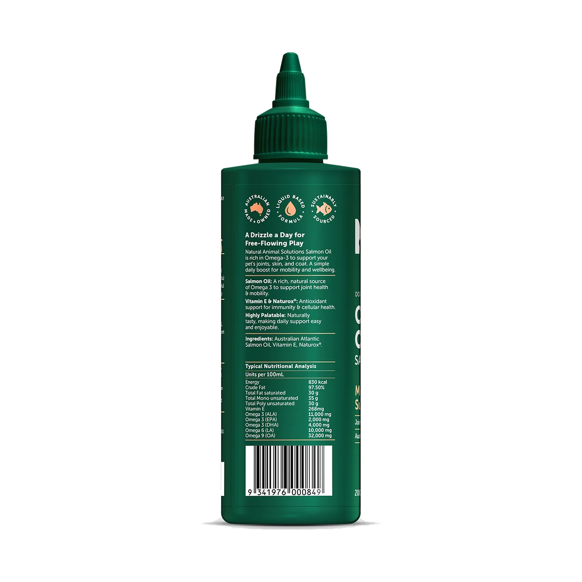 Natural Animal Solutions Salmon Omega Oil 200ml – ingredients and nutrition label