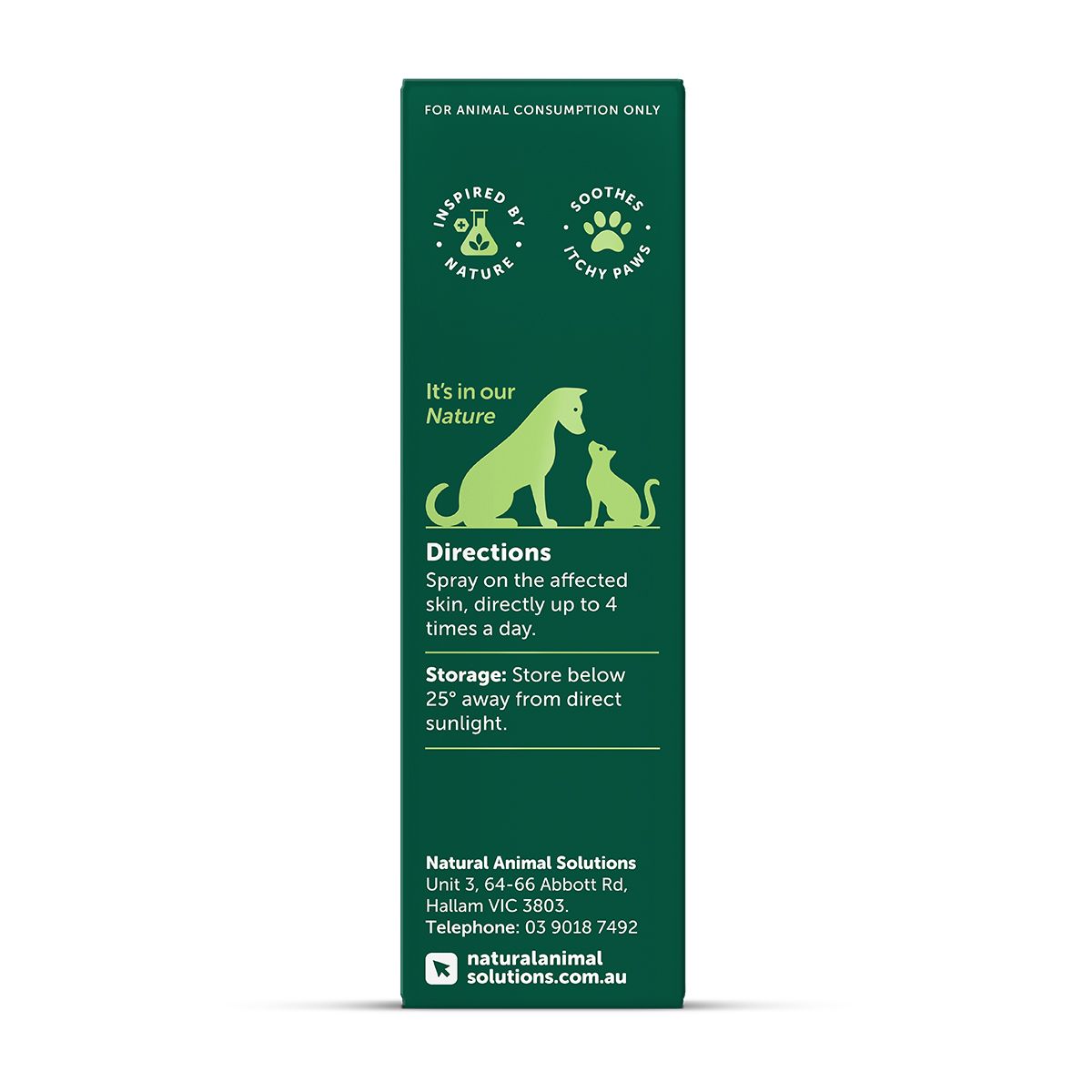 NAS Itchy Scratch Skin & Paw Spray for Dogs and Cats 100ml back label with ingredients and feeding guide