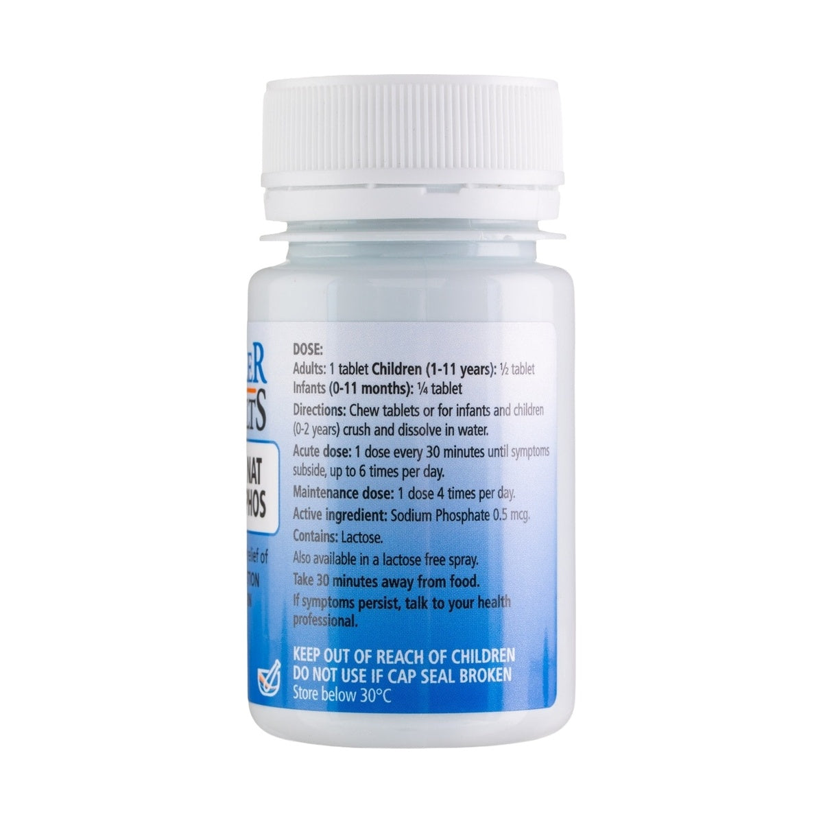 Schuessler Tissue Salts Nat Phos Acid Neutraliser 125 Tablets — directions and ingredients label