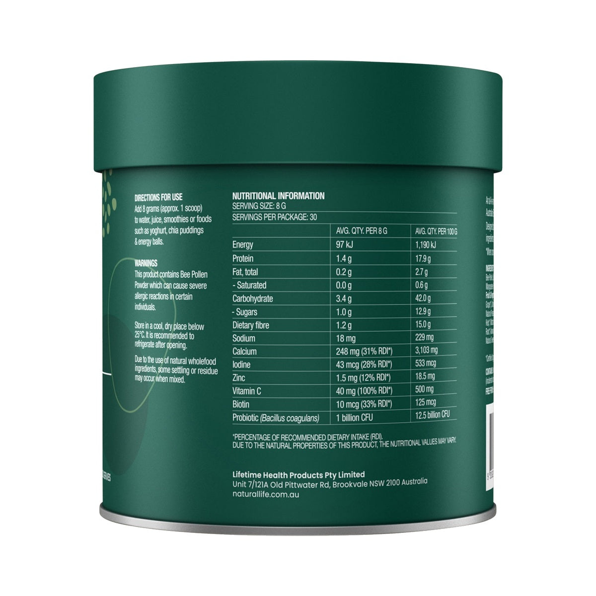 Natural Life Greens & Reds with Bee Pollen Pineapple & Mint 240g product image 3