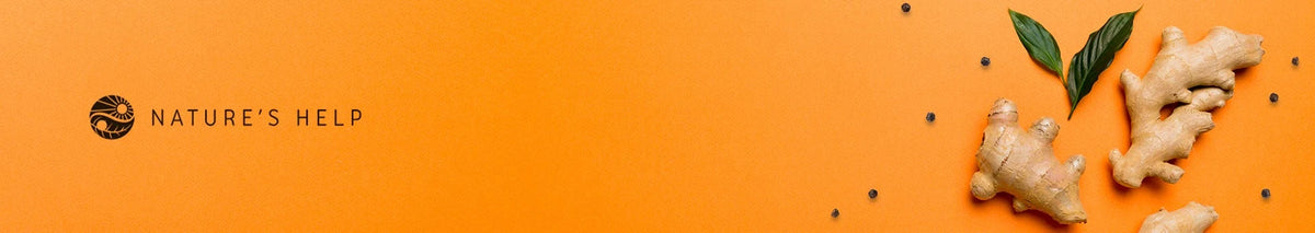 Nature's Help logo with ginger and botanicals on an orange background.