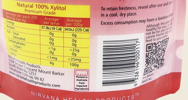 Nirvana Originals Xylitol 1kg label detail showing nutrition, ingredients, storage, warnings and barcode