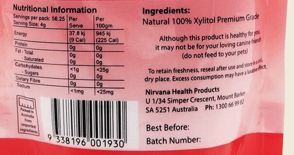 Nirvana Originals Xylitol 225g label detail showing nutrition, ingredients, storage, warnings and barcode