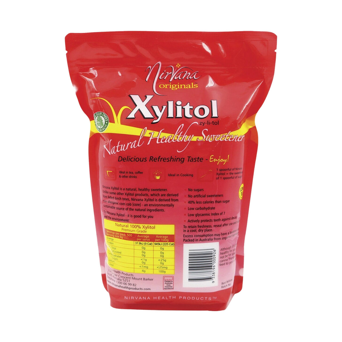 Nirvana Originals Xylitol 2kg pouch rear showing nutrition, ingredients, storage and barcode