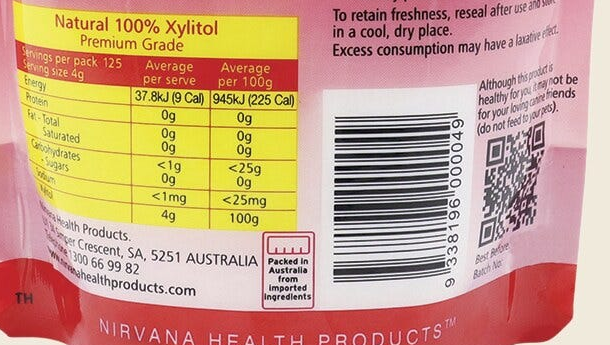 Nirvana Originals Xylitol 500g label detail showing nutrition, ingredients, storage, warnings and barcode