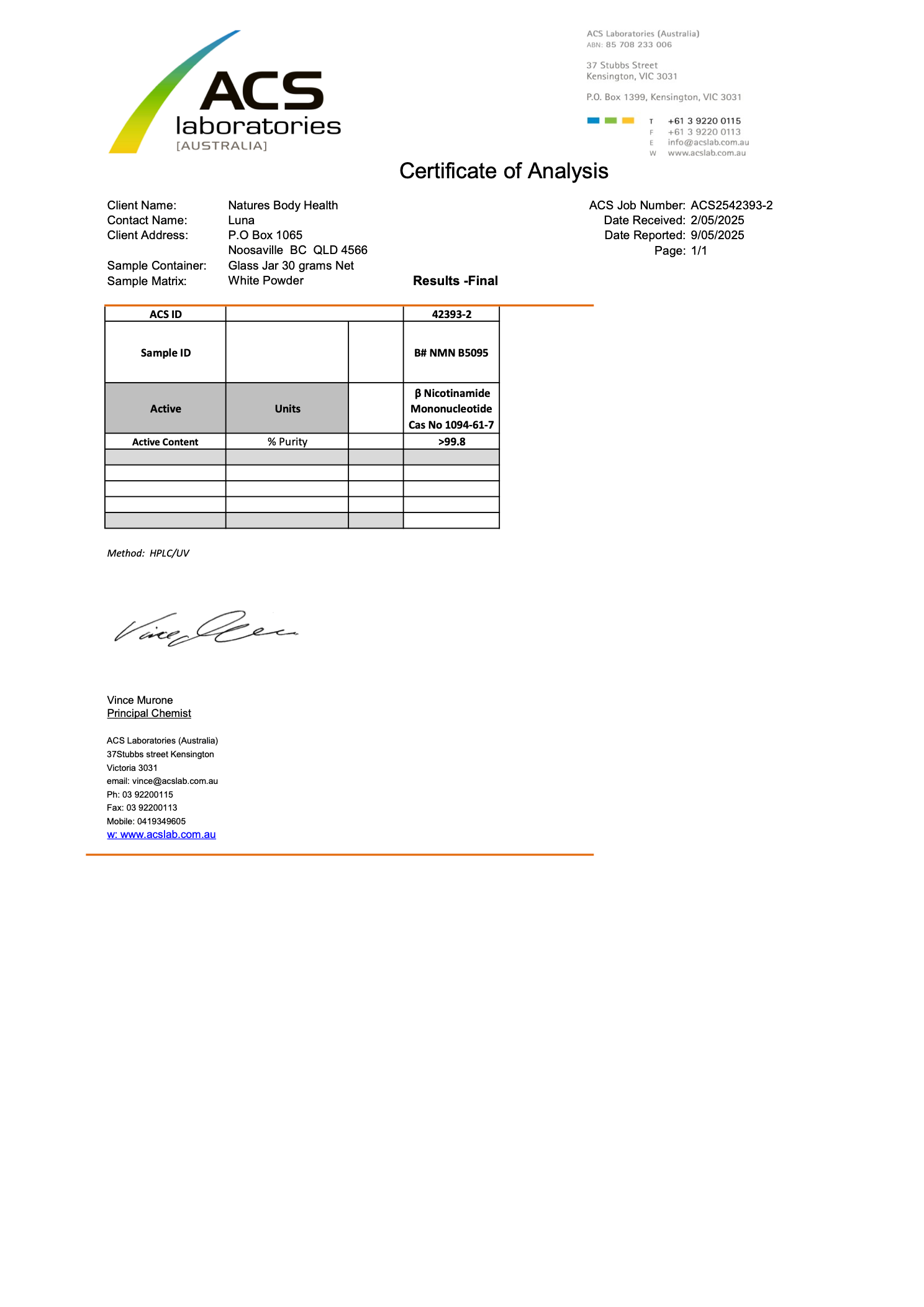 Nature's Body NMN 500mg 60 Capsules supplier certificate of analysis