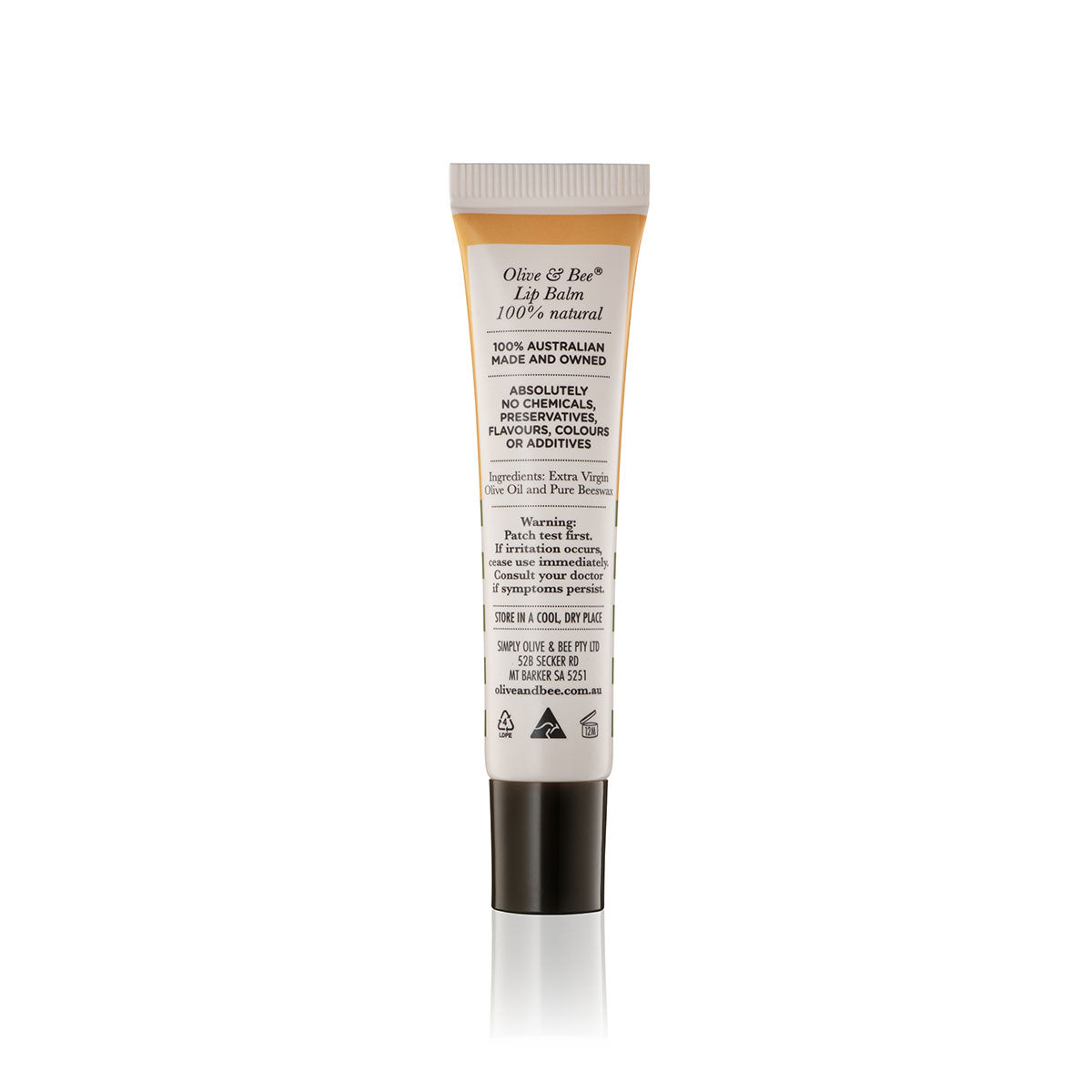 Olive & Bee Lip Balm 14g back label and ingredients