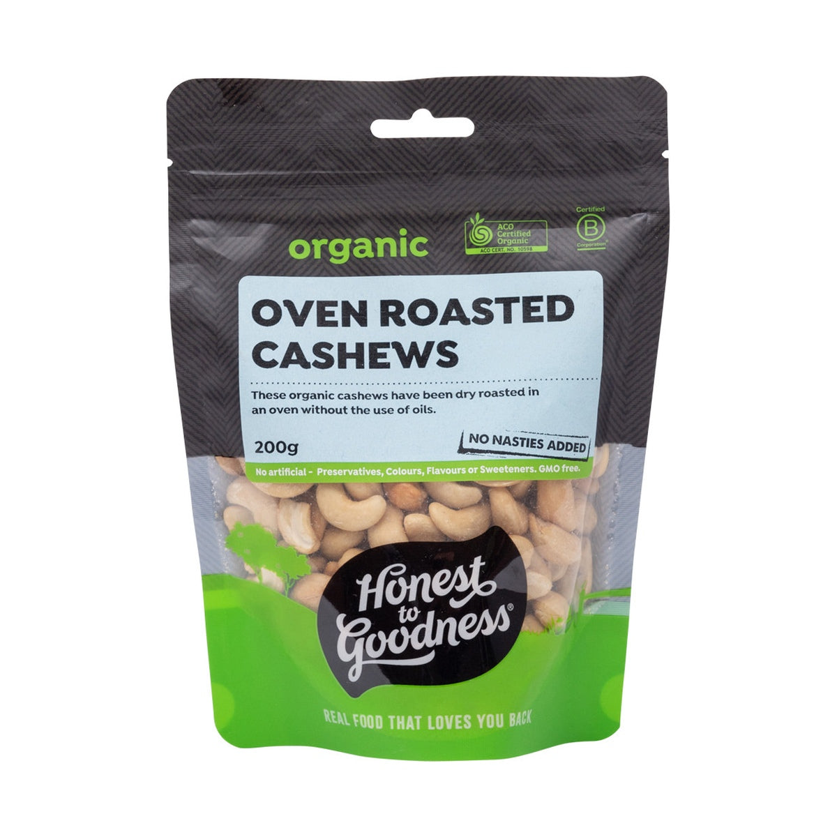 Honest to Goodness Organic Oven Roasted Cashews 200g front pack