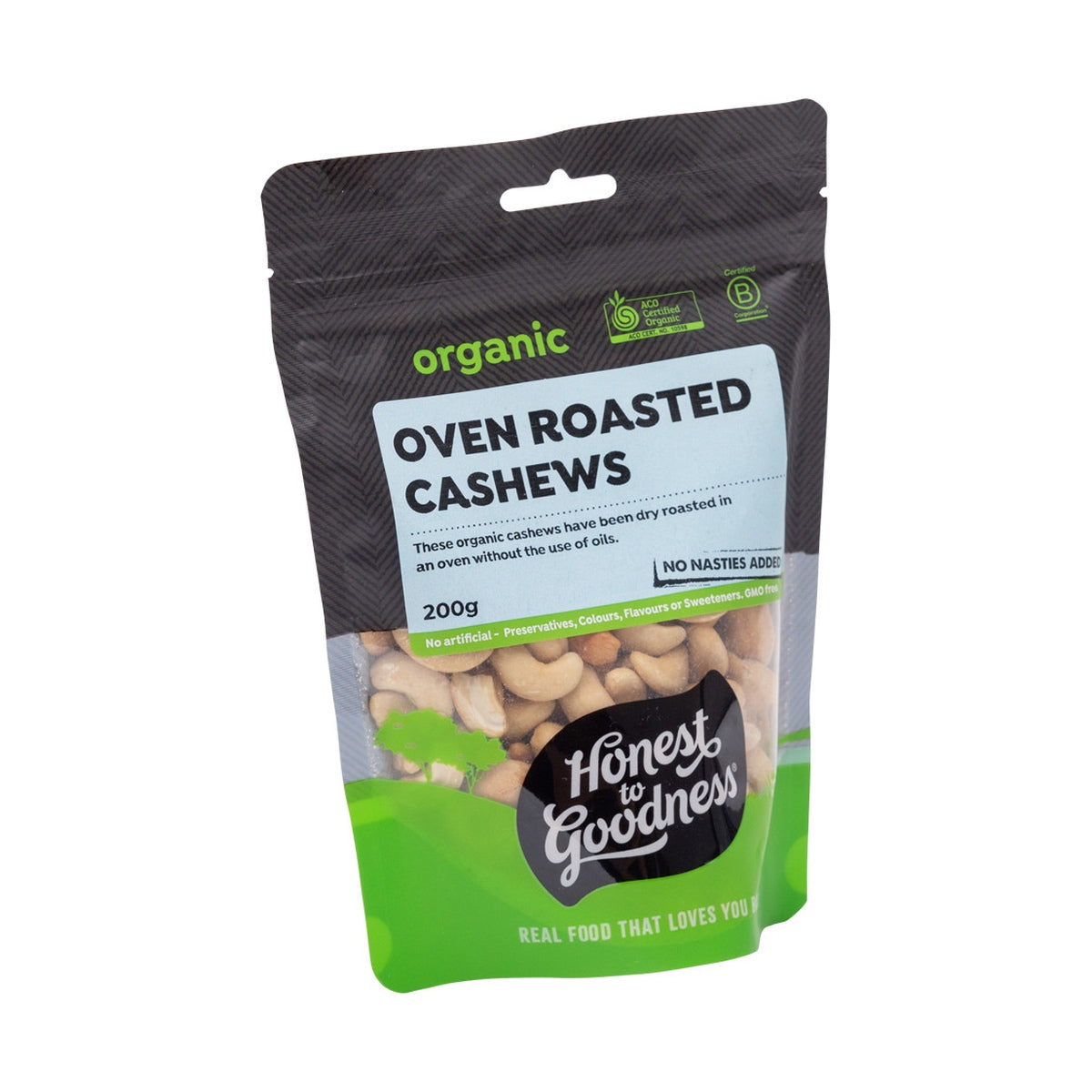 Honest to Goodness Organic Oven Roasted Cashews 200g side view