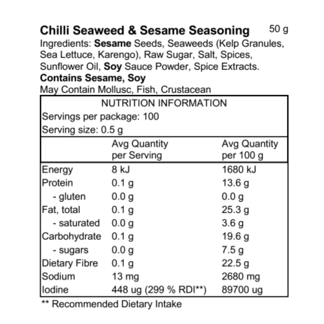 Pacific Harvest Chilli Seaweed & Sesame Seasoning 50g ingredients and nutrition information