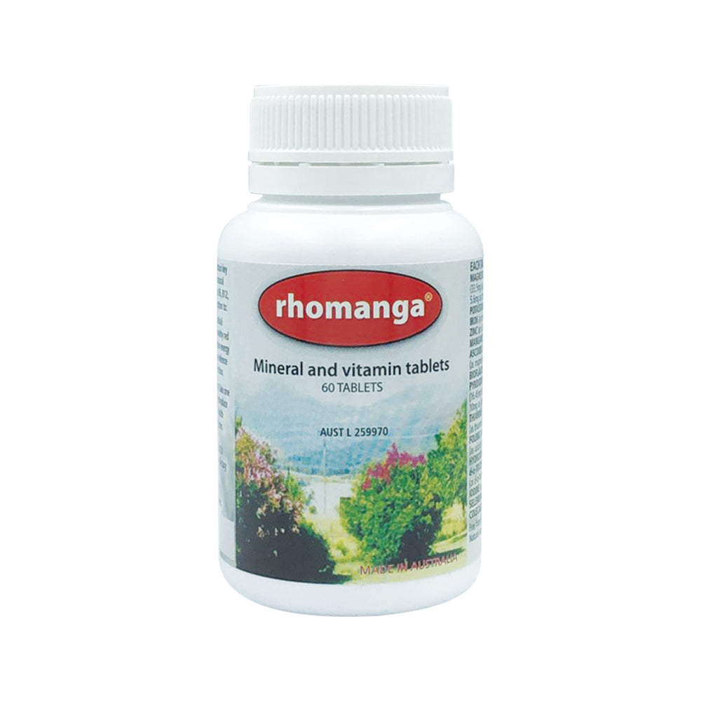 Percy’s Rhomanga mineral and vitamin supplement, 60-tablet bottle, AUST L 259970 — Paragon supplier packshot on white background