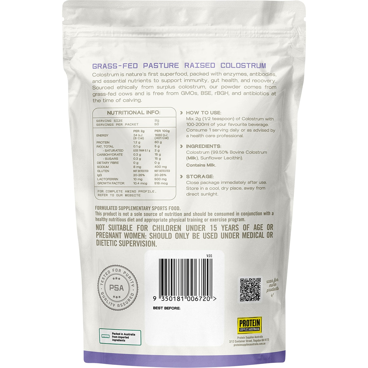 Protein Supplies Australia Colostrum Grass Fed Unflavoured 100g - product image 2