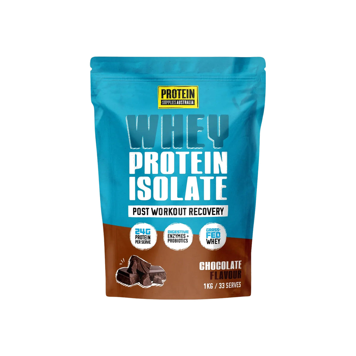Protein Supplies Australia WPI Whey Protein Isolate 1kg Chocolate packshot on white background