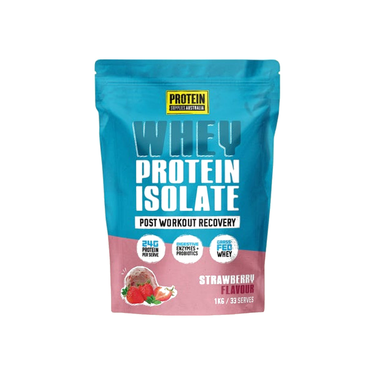 Protein Supplies Australia WPI Whey Protein Isolate 1kg Strawberry packshot on white background