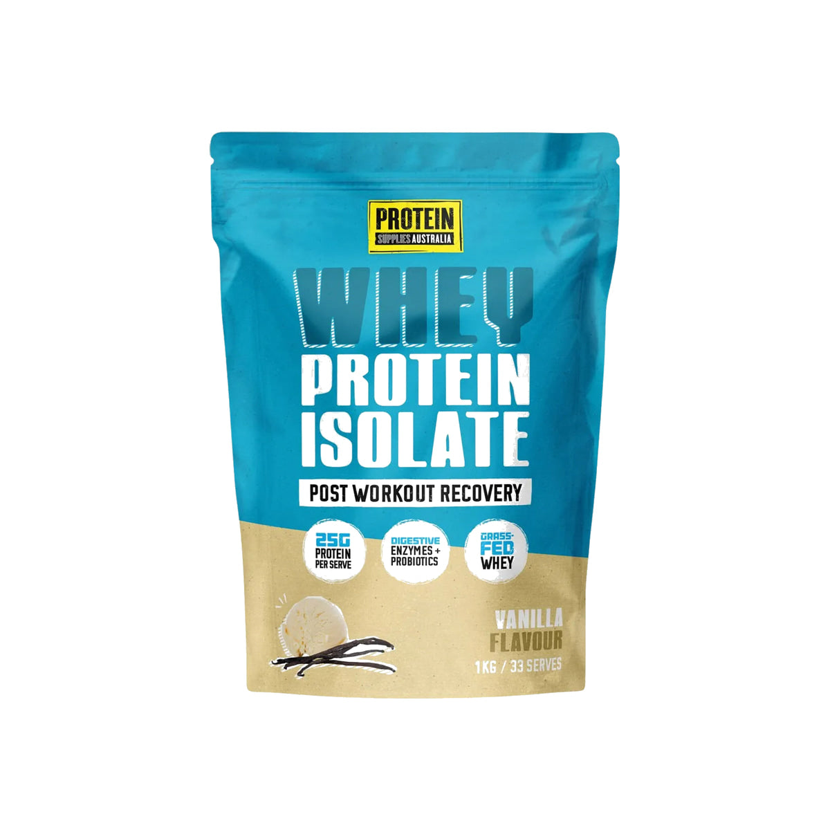 Protein Supplies Australia WPI Whey Protein Isolate 1kg Vanilla packshot on white background