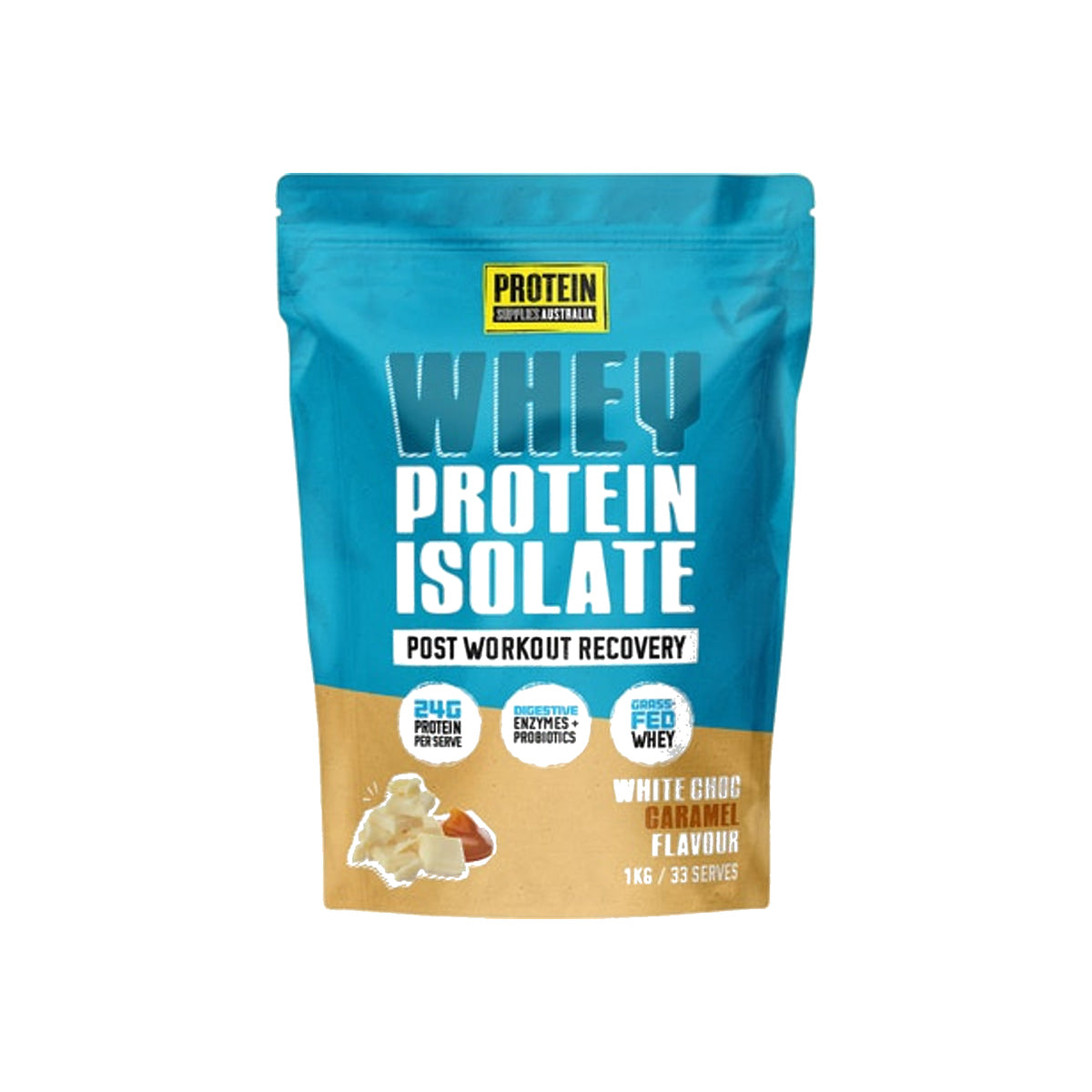 Protein Supplies Australia WPI Whey Protein Isolate 1kg White Choc Caramel packshot on white background