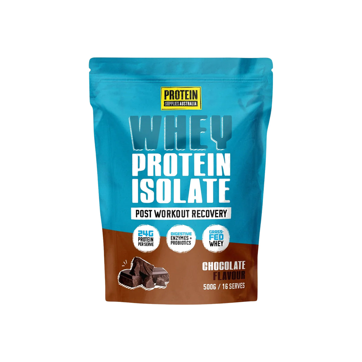 Protein Supplies Australia WPI Whey Protein Isolate 500g Chocolate packshot on white background