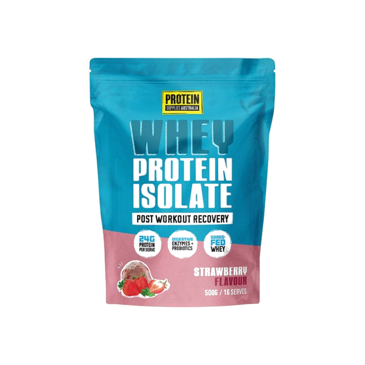 Protein Supplies Australia WPI Whey Protein Isolate 500g Strawberry packshot on white background