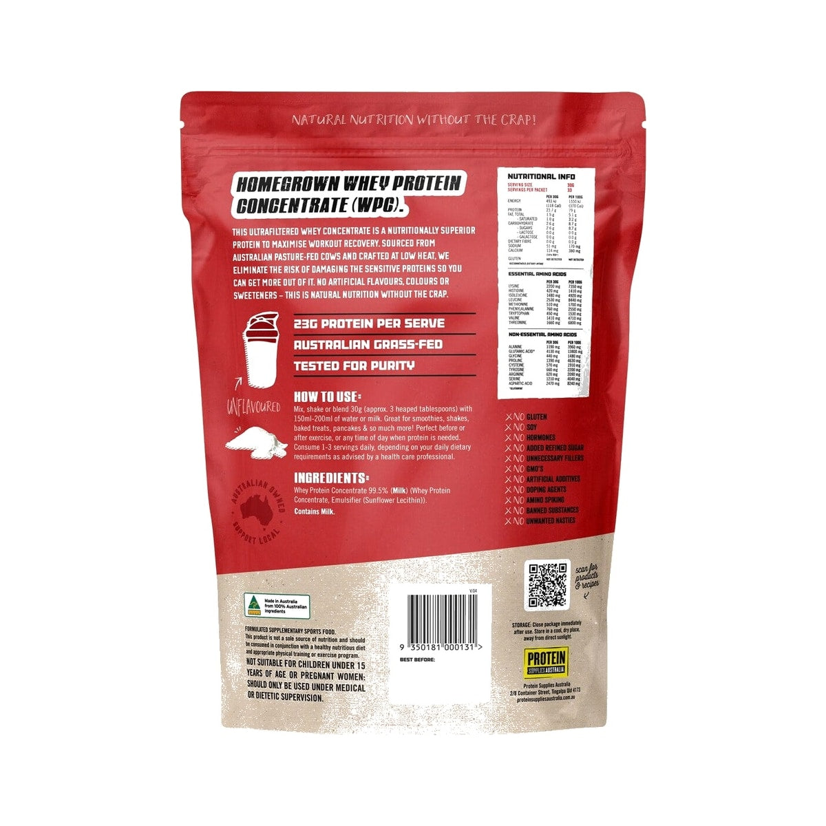 Protein Supplies Australia Australian Whey Protein 1kg Unflavoured back of pack