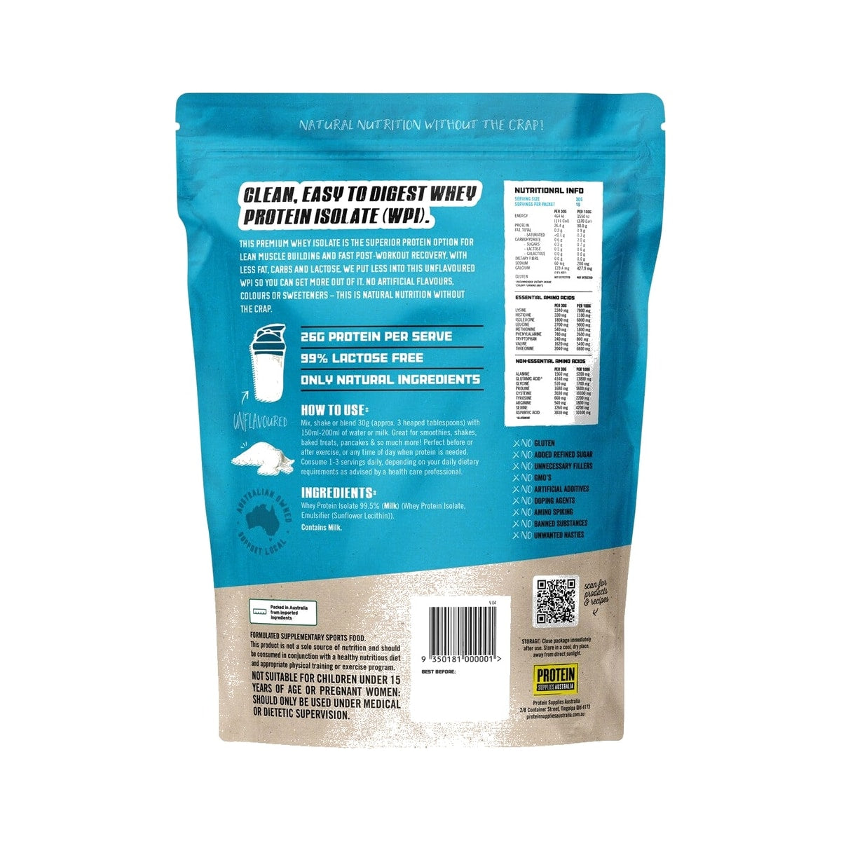 Protein Supplies Australia WPI Whey Protein Isolate 500g Unflavored back of pack
