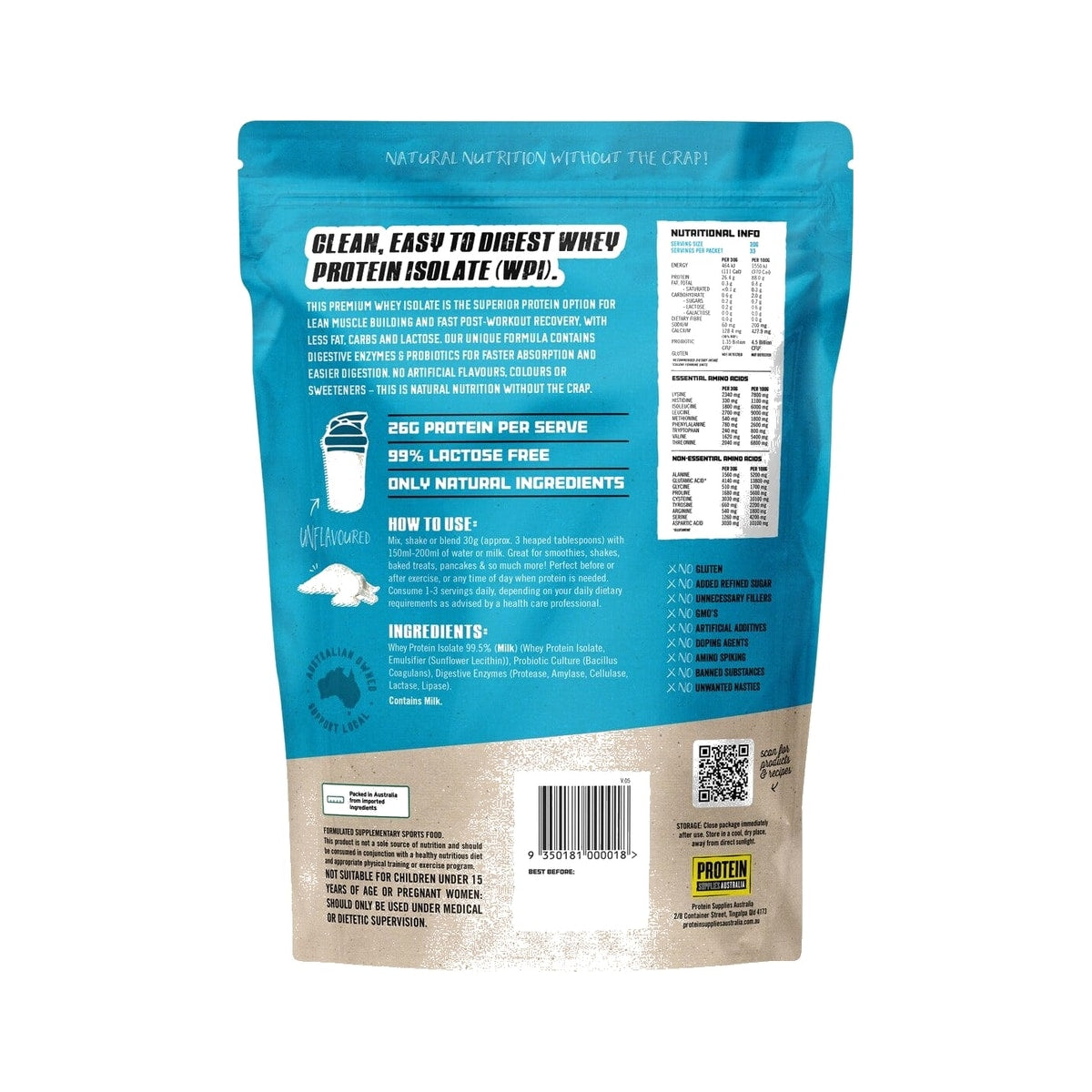 Protein Supplies Australia WPI Whey Protein Isolate 1kg Unflavored back of pack