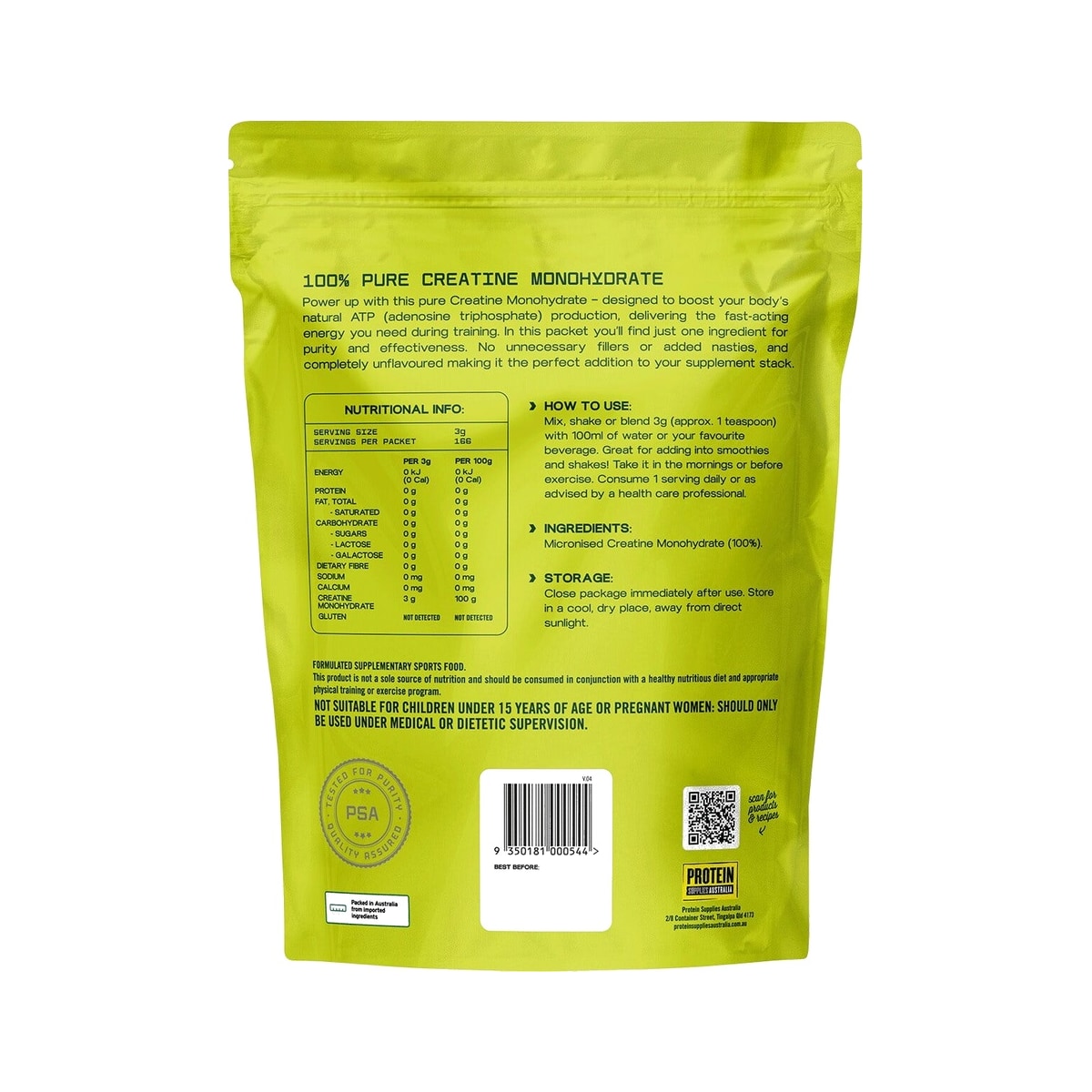 Protein Supplies Australia Creatine Monohydrate Pure 500g back of pack