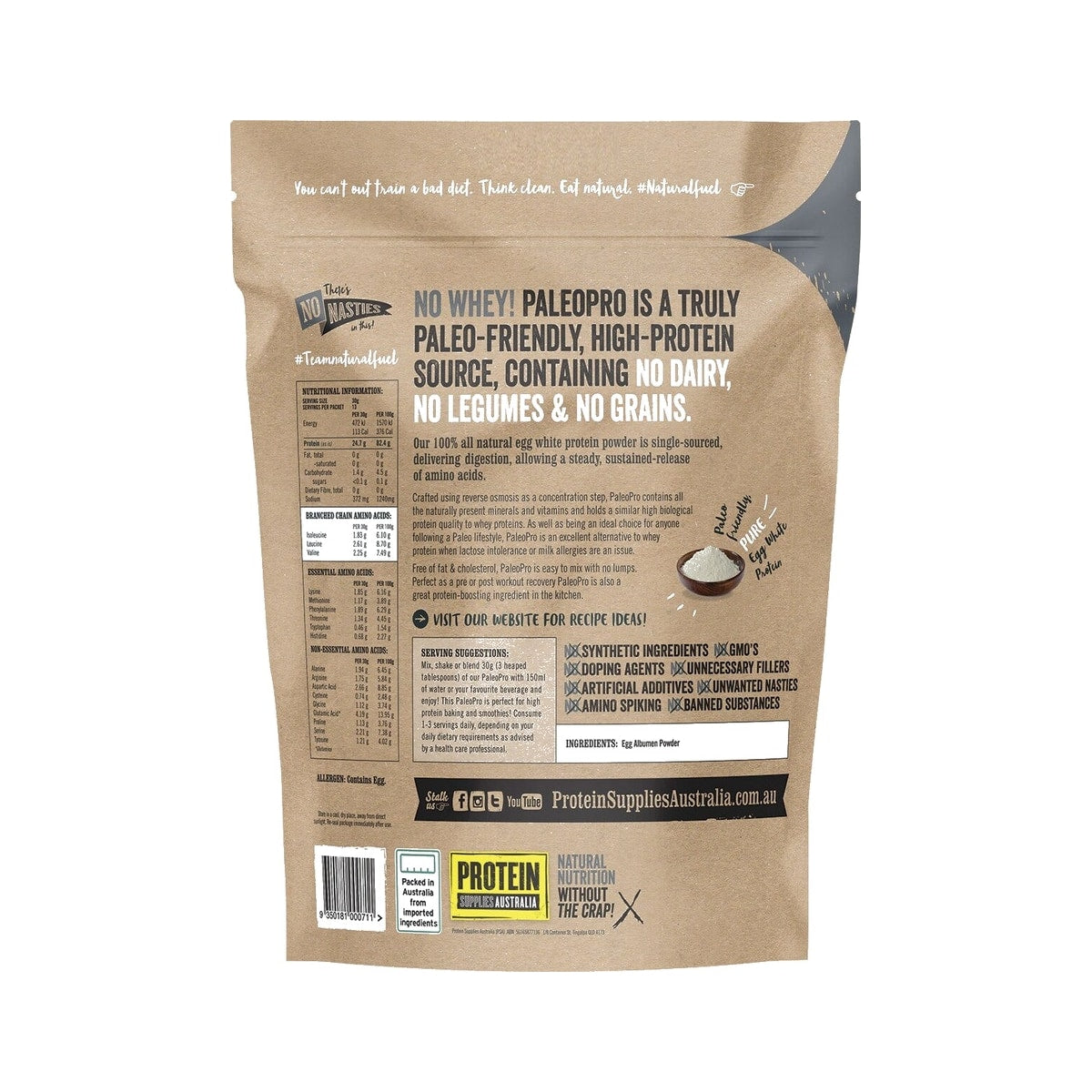 Protein Supplies Australia Paleo Pro Egg White Protein Unflavoured 400g back of pack