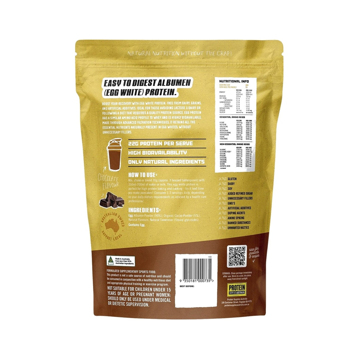 Protein Supplies Australia Paleo Pro Egg White Protein Chocolate 400g back of pack