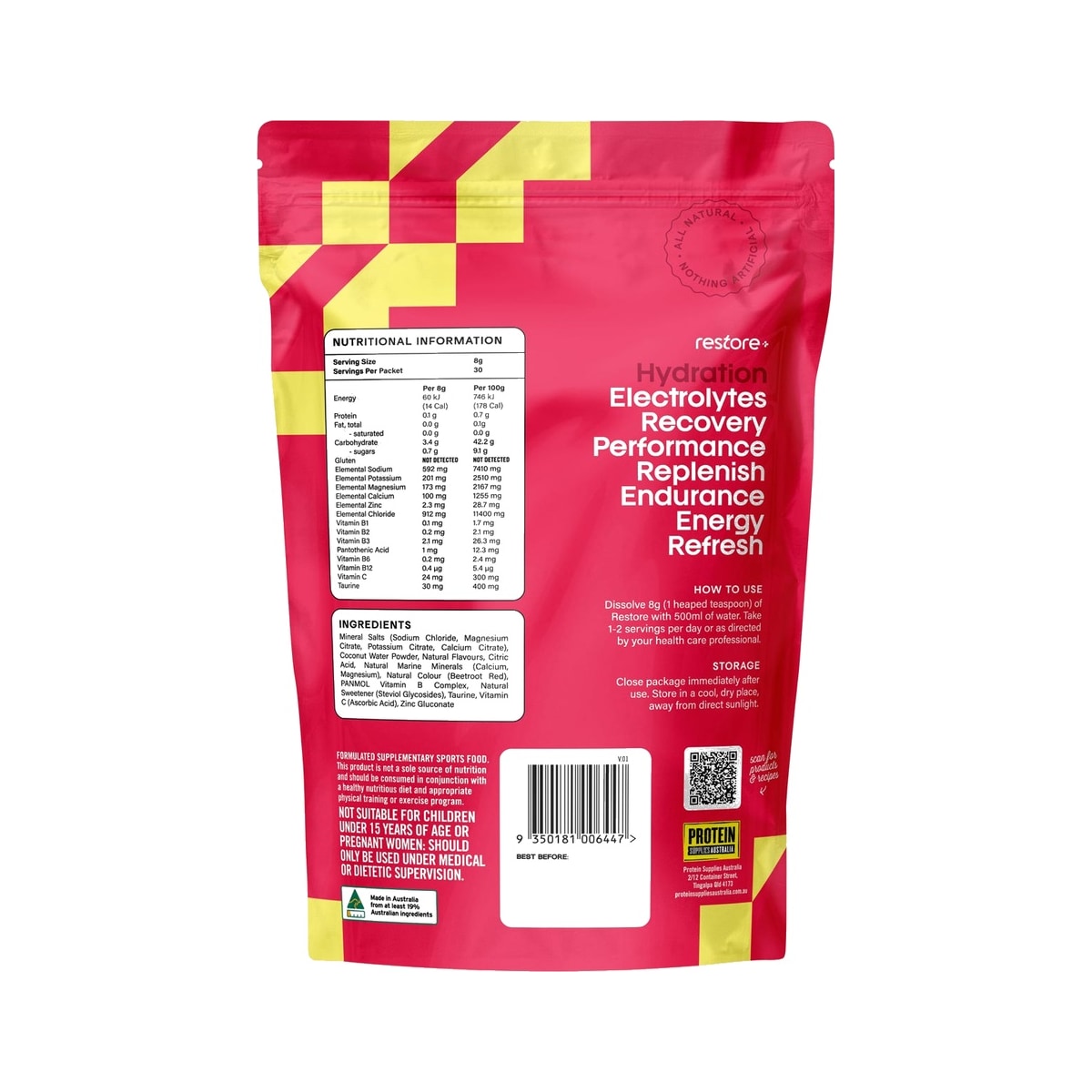 Protein Supplies Australia Restore Electrolyte Drink Mix 240g Raspberry Lemonade back of pack