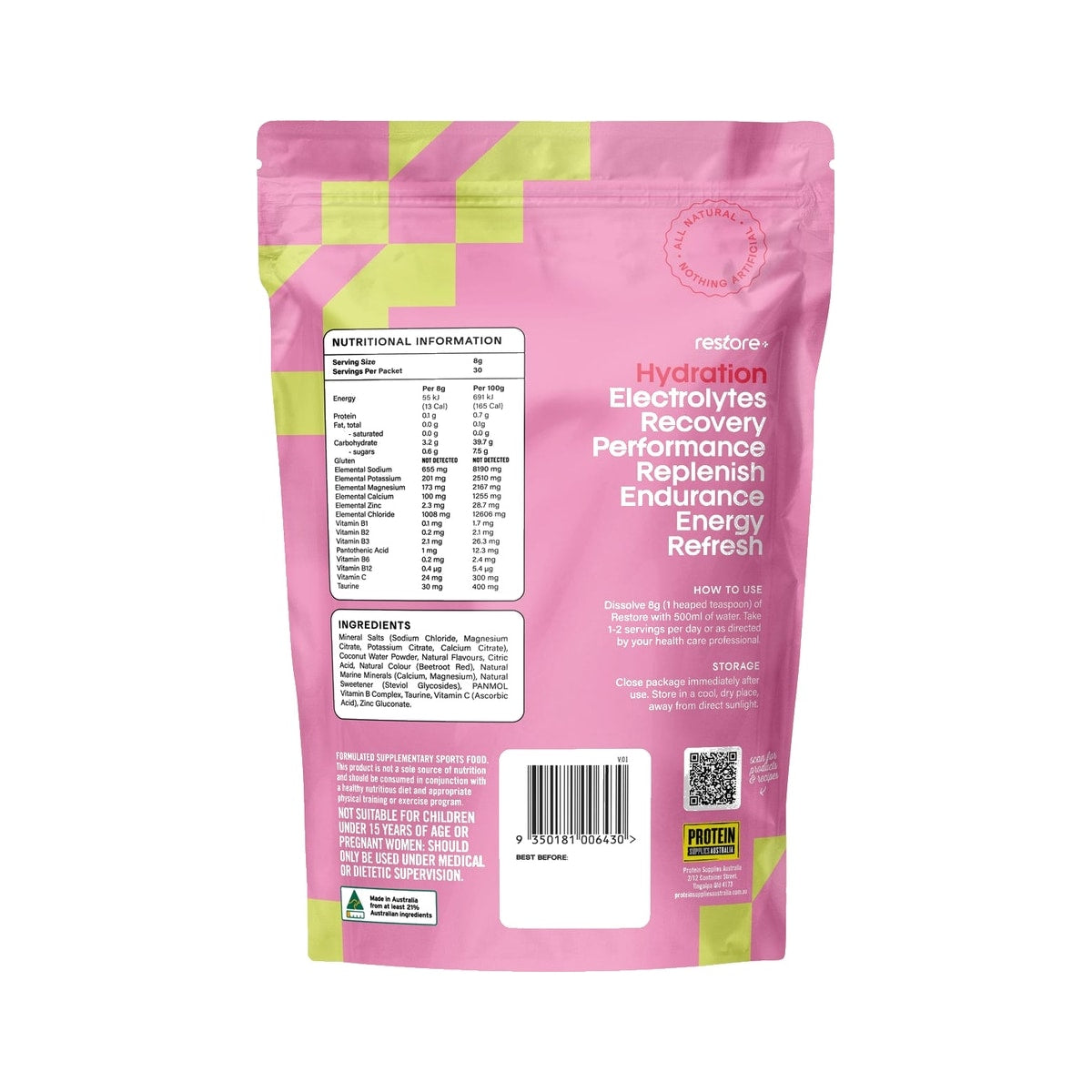 Protein Supplies Australia Restore Electrolyte Drink Mix 240g Strawberry & Lime back of pack