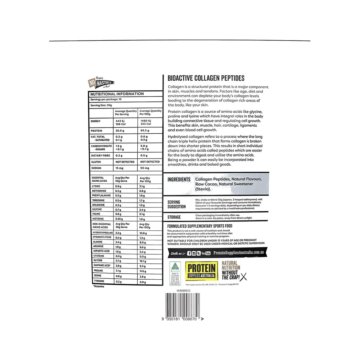 Protein Supplies Australia Collagen Peptides 500g Chocolate back of pack