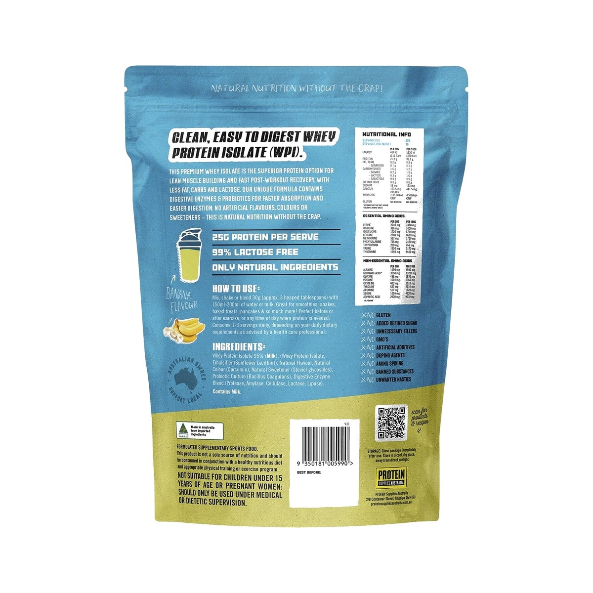 Protein Supplies Australia WPI Whey Protein Isolate 500g Banana back of pack