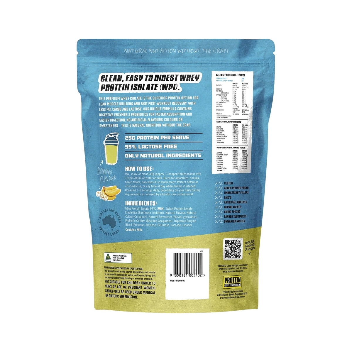 Protein Supplies Australia WPI Whey Protein Isolate 1kg Banana back of pack