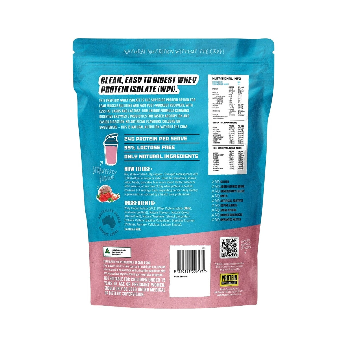 Protein Supplies Australia WPI Whey Protein Isolate 500g Strawberry back of pack