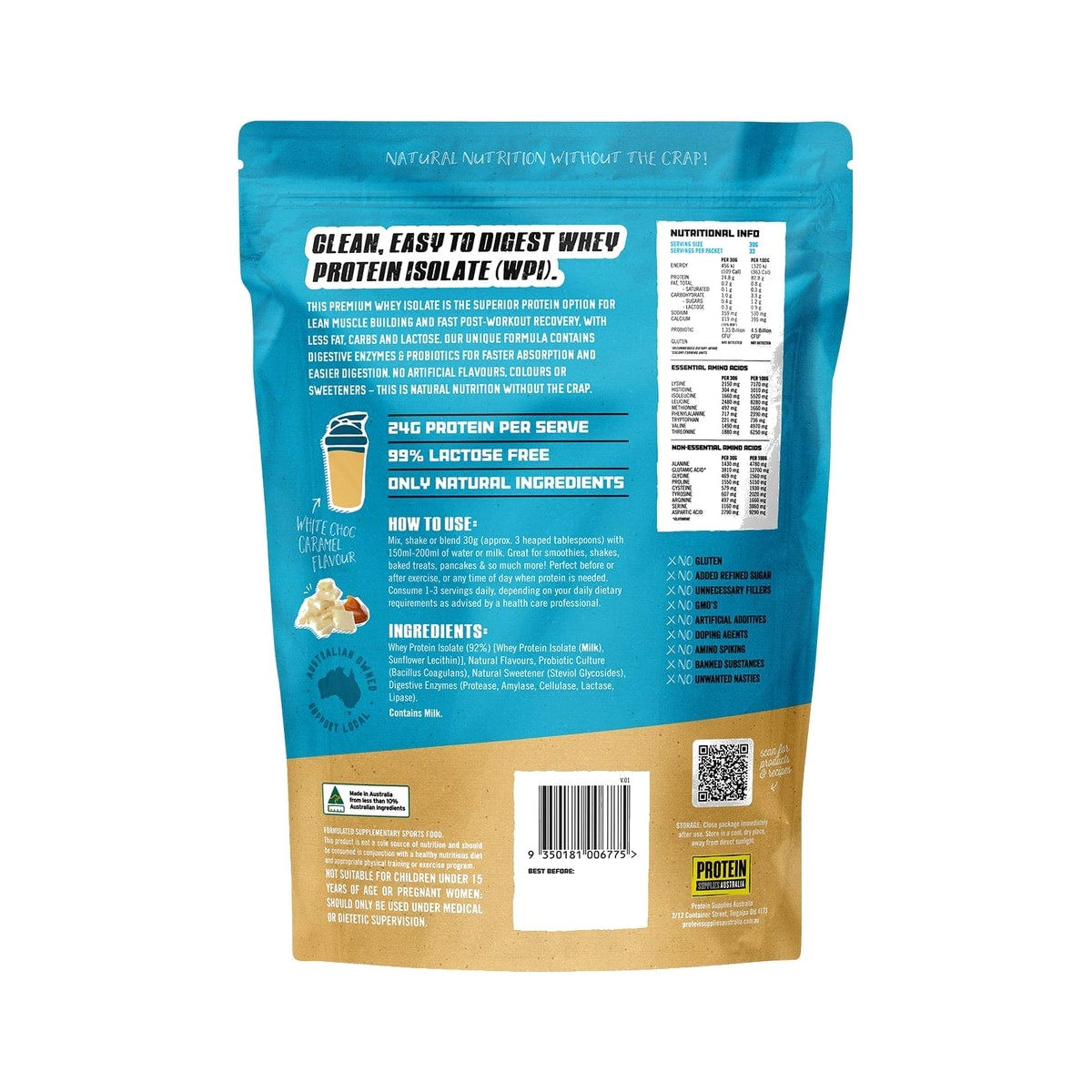 Protein Supplies Australia WPI Whey Protein Isolate 1kg White Choc Caramel back of pack