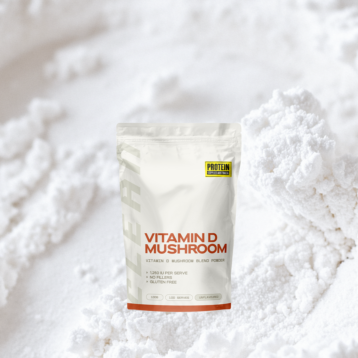 Protein Supplies Australia Vitamin D Mushroom Powder 100g manufacturer pack image with mushroom powder texture