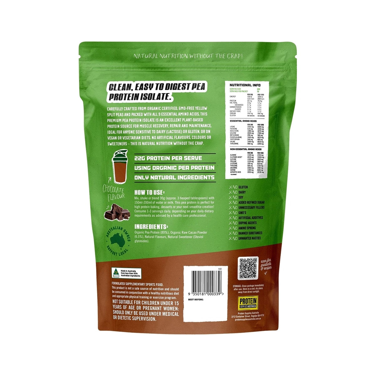 Protein Supplies Australia Pea Protein Isolate Chocolate 500g back of pack