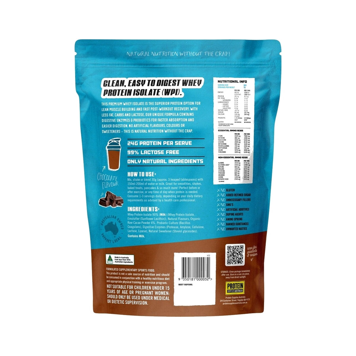 Protein Supplies Australia WPI Whey Protein Isolate 500g Chocolate back of pack