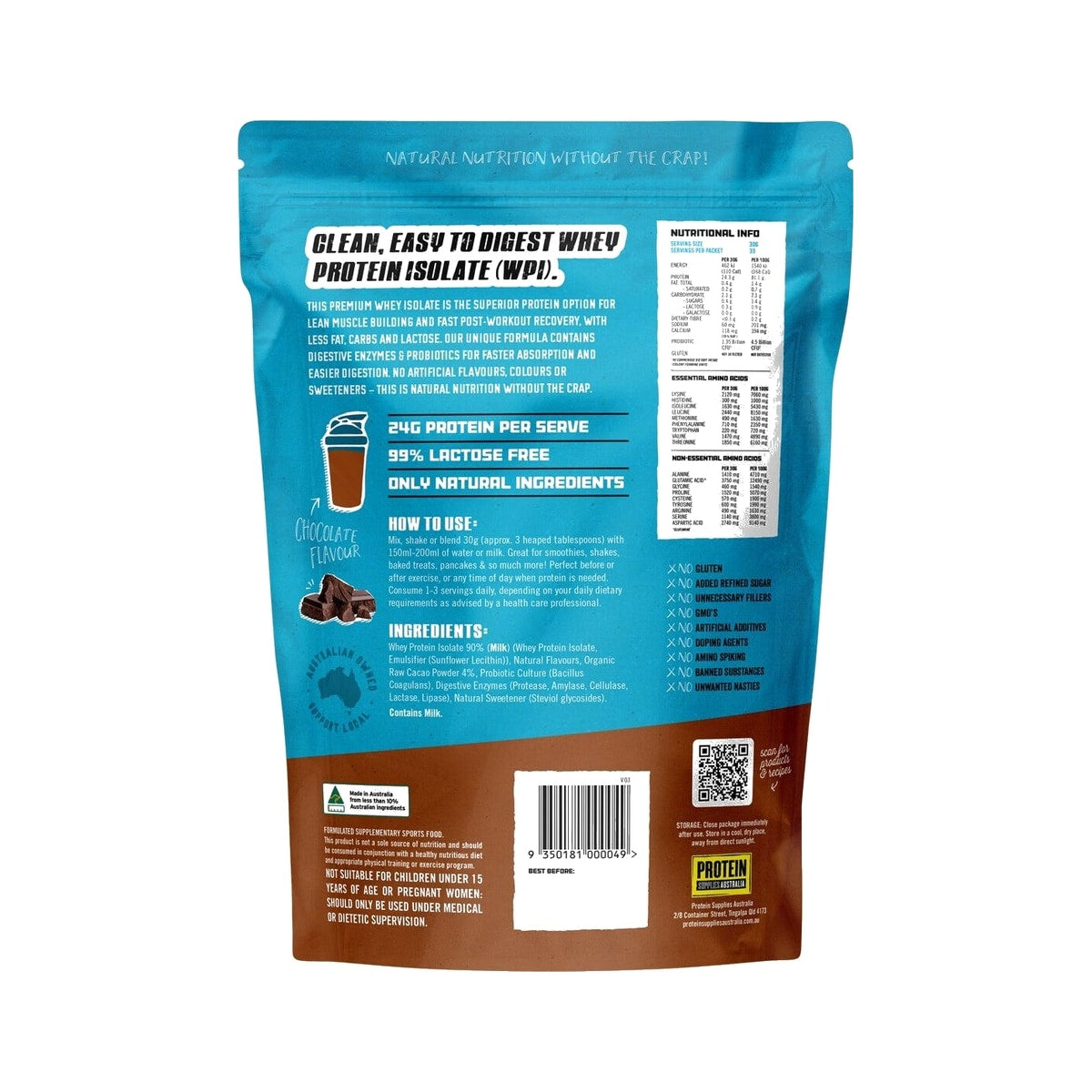Protein Supplies Australia WPI Whey Protein Isolate 1kg Chocolate back of pack