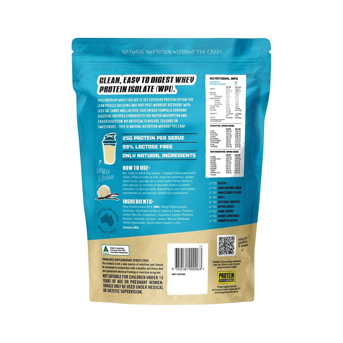 Protein Supplies Australia WPI Whey Protein Isolate 500g Vanilla back of pack