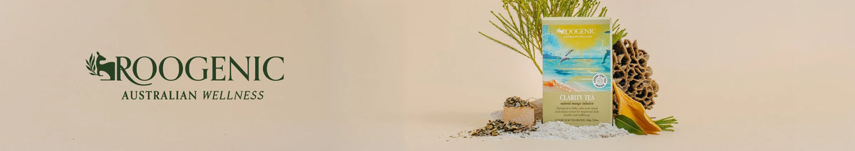 Roogenic logo with herbal tea packaging and Australian botanicals.