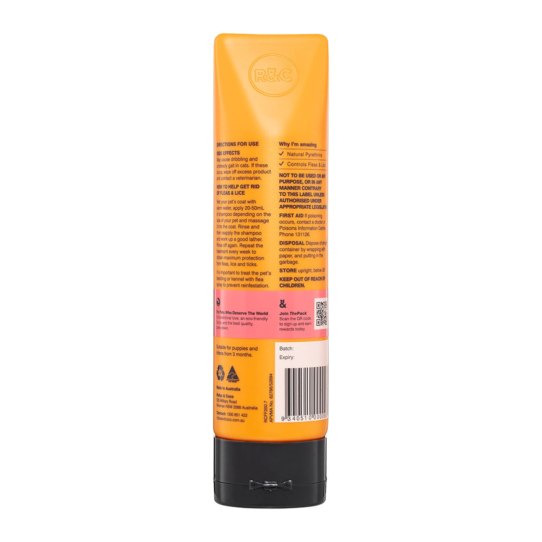 Rufus & Coco Flea Flee Shampoo 200ml back label with directions and warnings