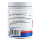 Cabot Health Metabocel 90 tablets rear label with directions, warnings and barcode