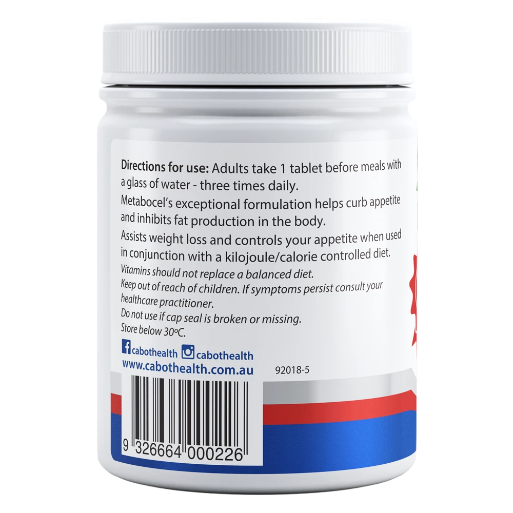 Cabot Health Metabocel 90 tablets rear label with directions, warnings and barcode