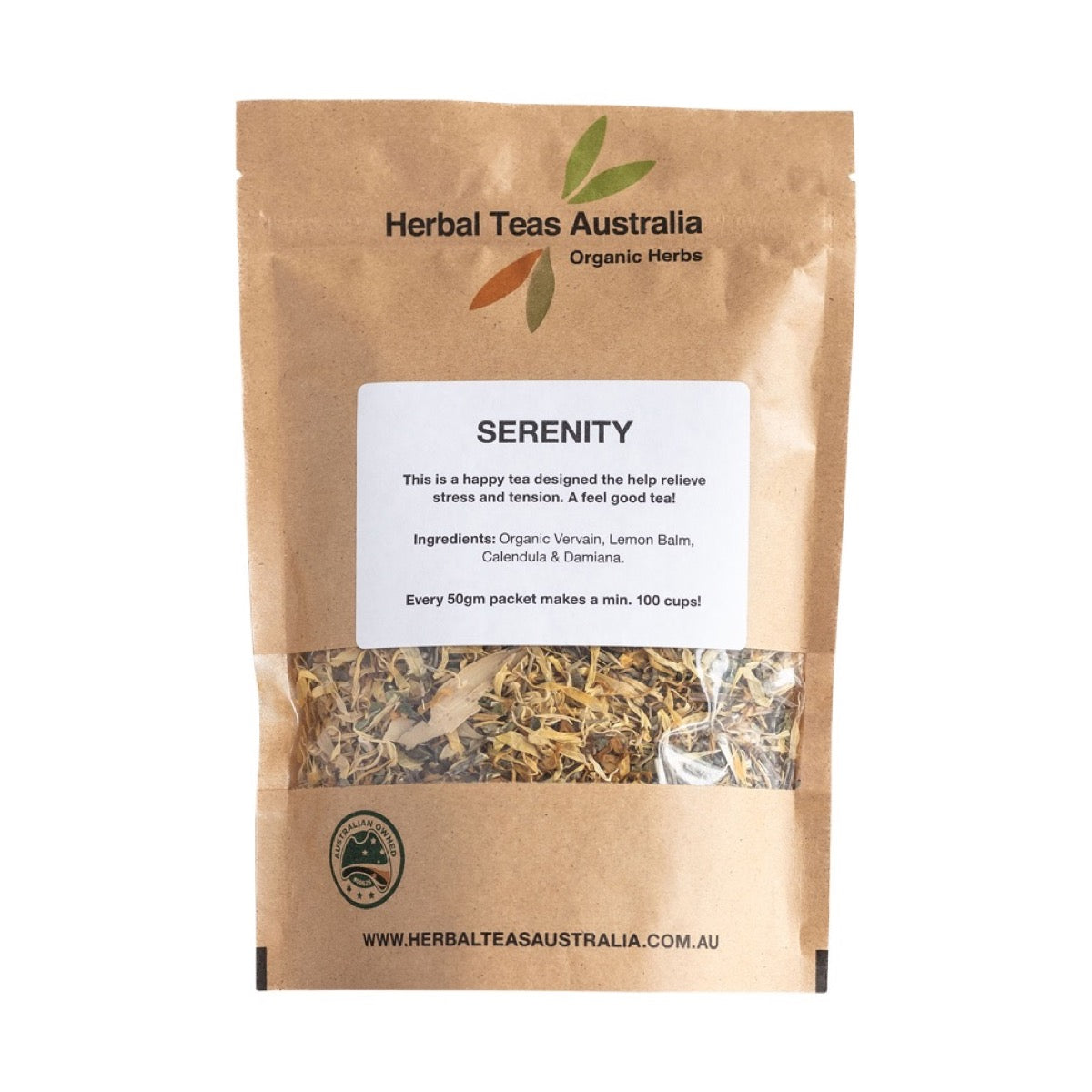 Herbal Teas Australia Serenity Herbal Tea 50g front pack on white background