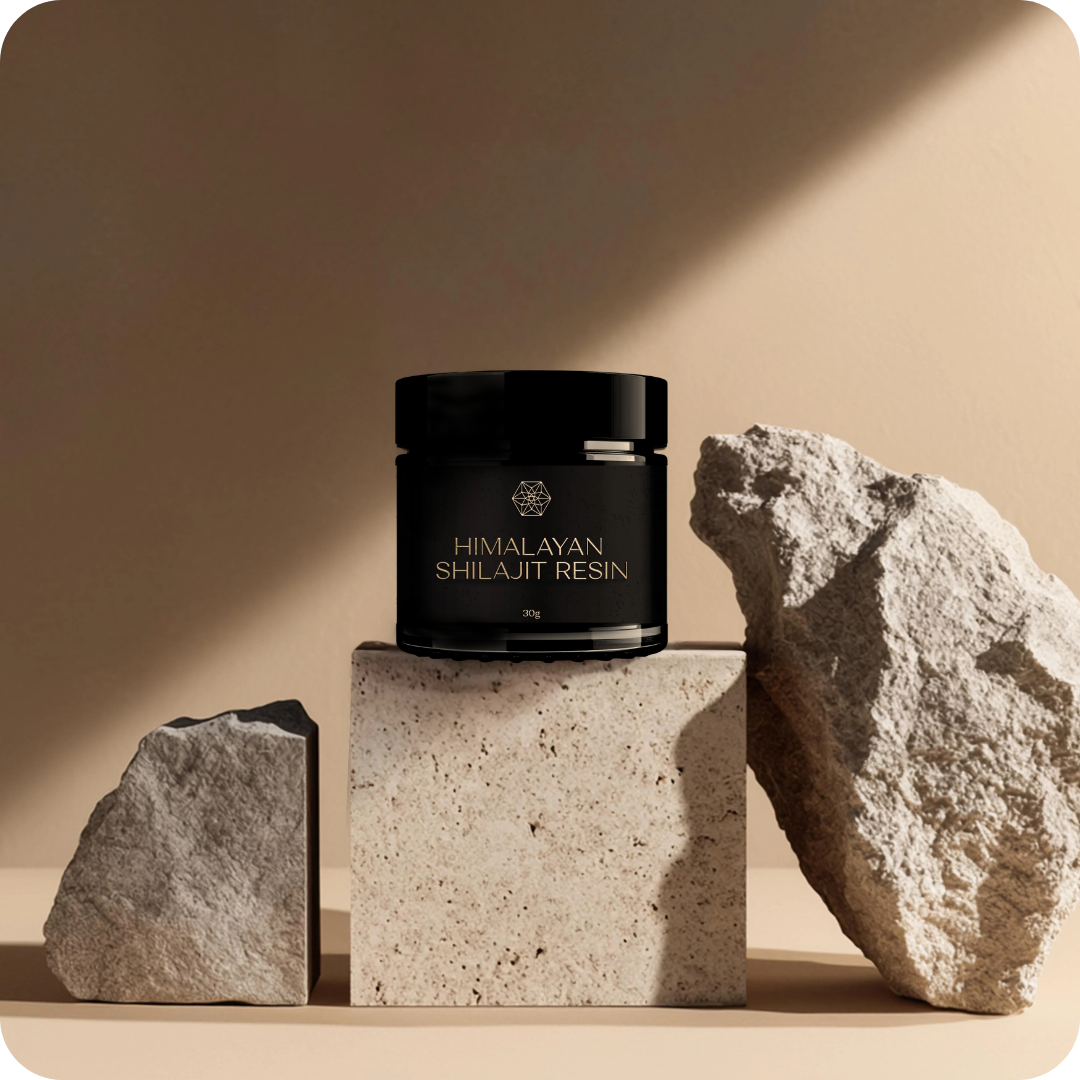 Nature's Body Pure Himalayan Shilajit Resin 30g jar and resin lifestyle image