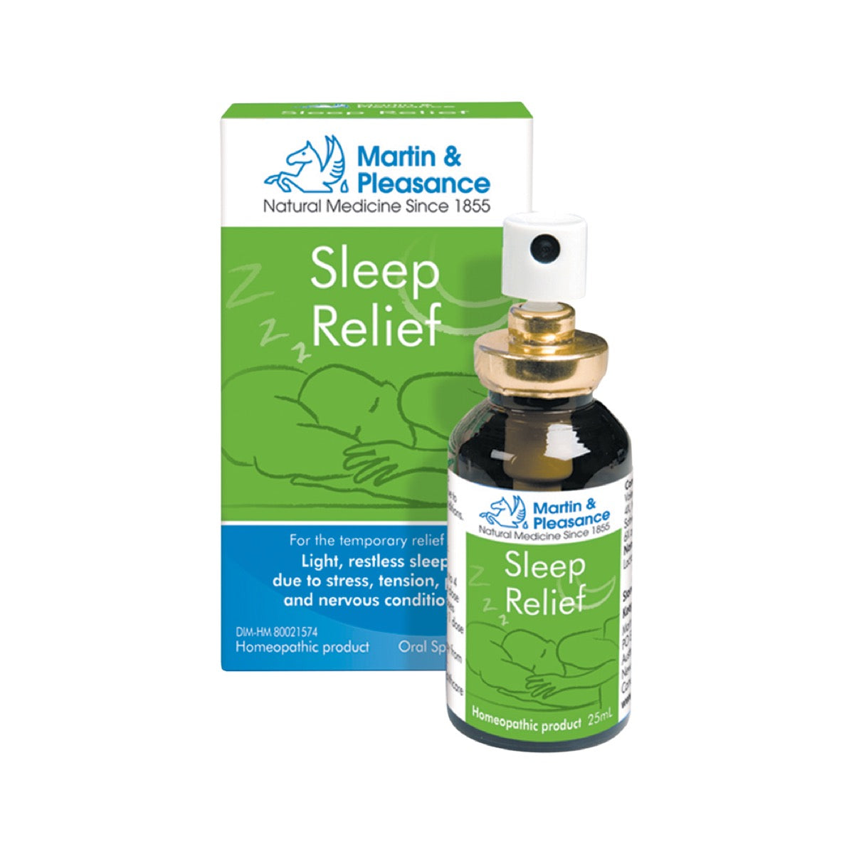 Martin & Pleasance Sleep Relief Spray 25ml box and oral spray bottle on white background