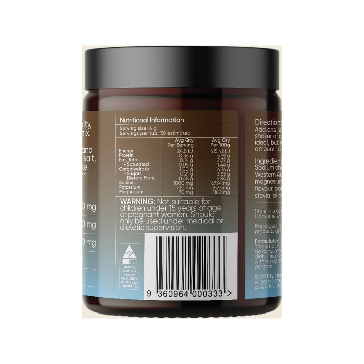Sodii Everyday Hydration Salts Salty Chocolate 185g back label